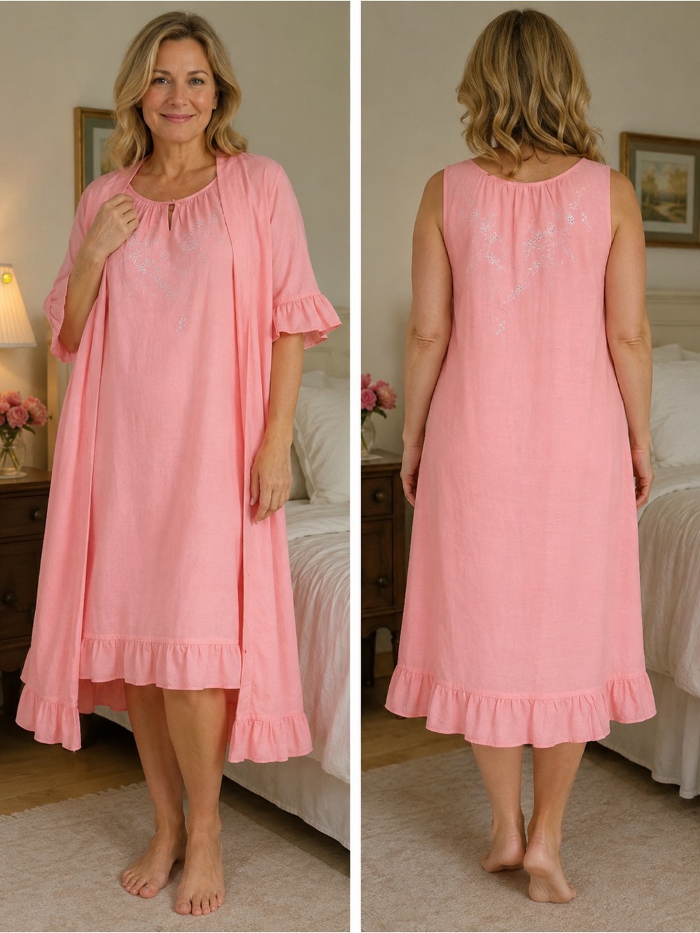 VINTAGE LILY Embroidered Floral light Barbie pink nightgown / Robe.Sz 36